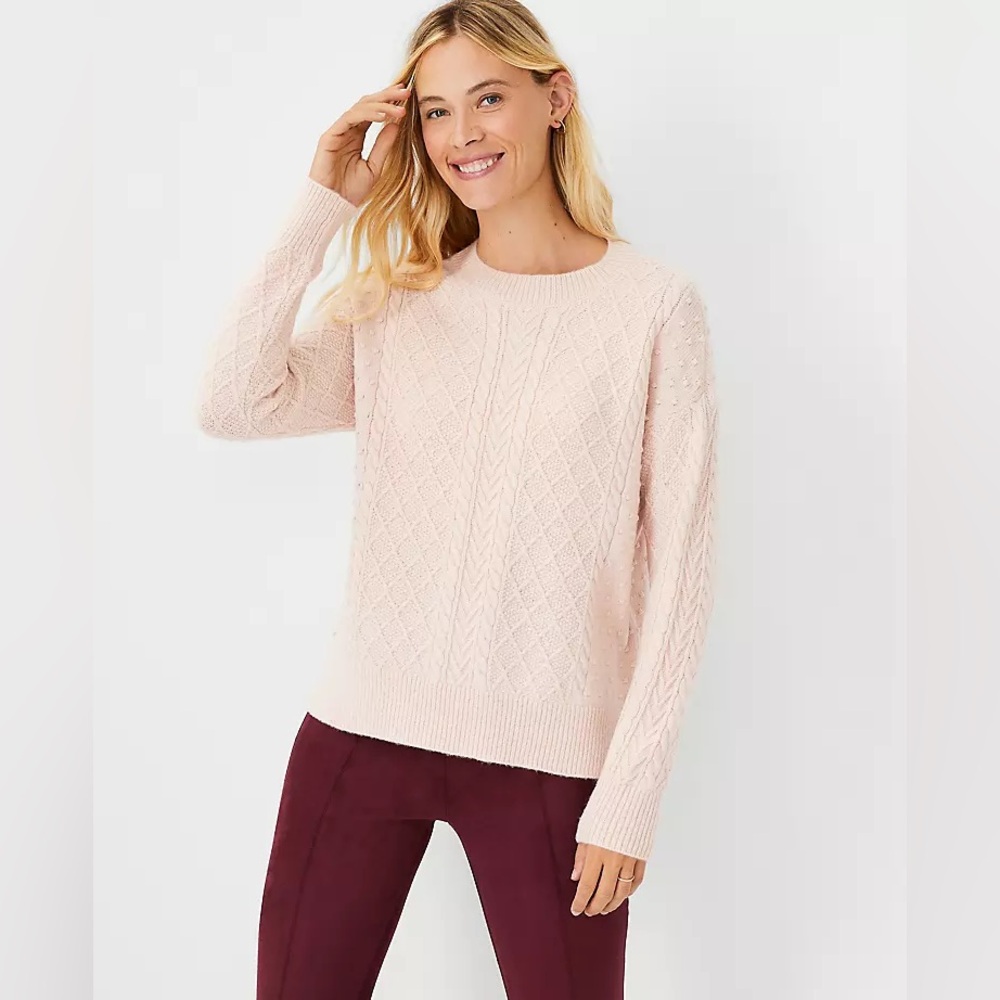 Ann Taylor Cable Knit Crewneck Pullover Sweater Pink Soft Size XL *U
